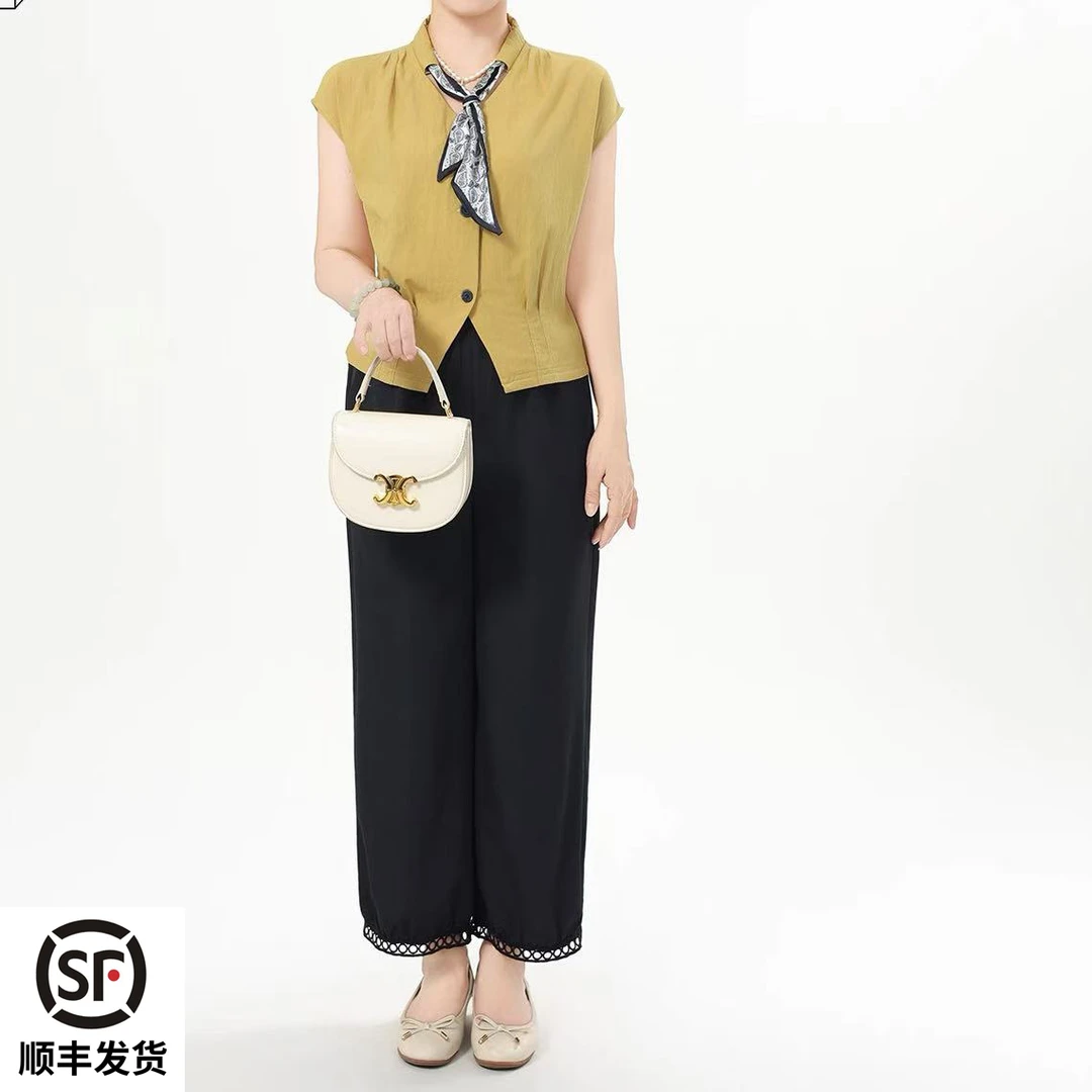 法式休闲中老年妈妈装夏季时尚丝巾V领上衣套装2025新款两件套女
