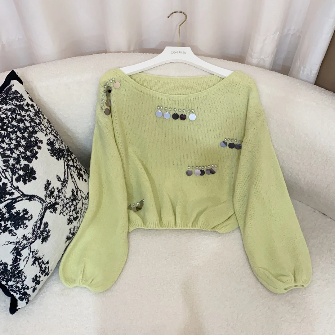 2025早春新款韩系气质钉钻手工亮片重工设计感上衣套头针织衫