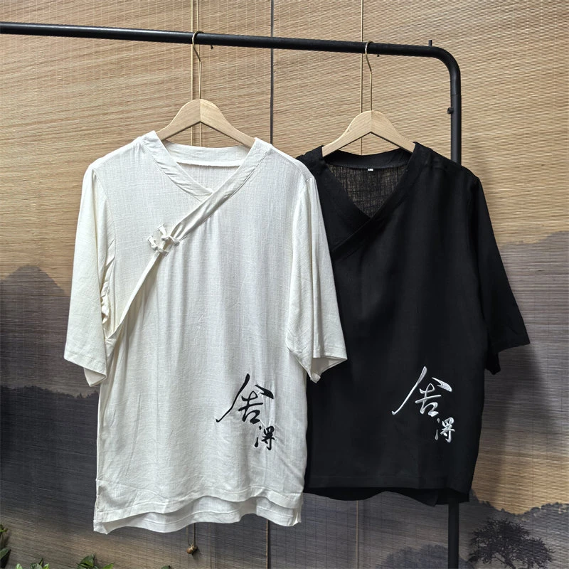 25A3A1中国风V领亚麻斜襟汉服体恤夏季中式刺绣上衣古装盘扣唐装