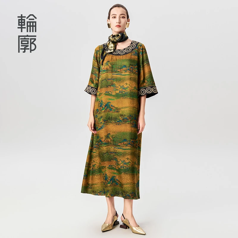 轮廓山河有约原创设计连衣裙印花复古改良国风中长裙薄款L242Y043