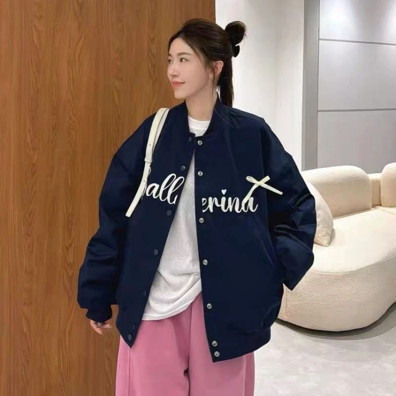 欧货甜酷风撞色字母印花蝴蝶结内胆棒球服外套女宽松休闲夹克上衣