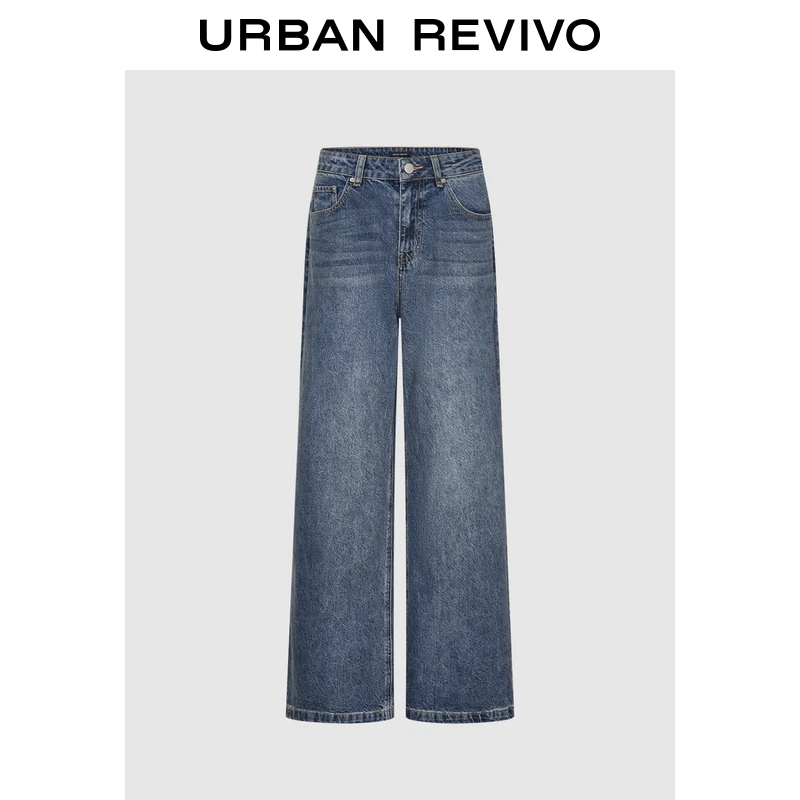 UR2025春季新款女装休闲复古水洗阔腿棉质牛仔长裤UIS850025