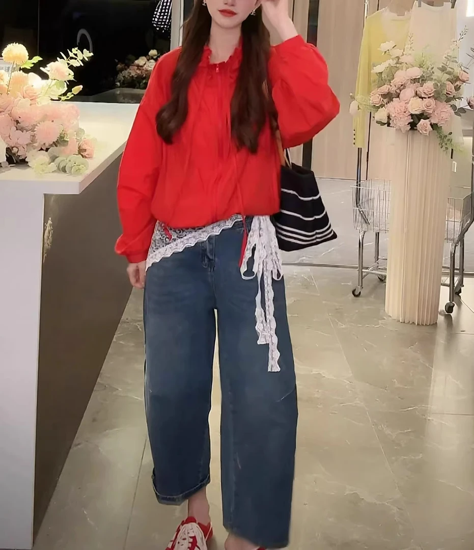 今年流行穿搭一整套2025新款立领抽绳设计防晒外套宽松牛仔裤套装