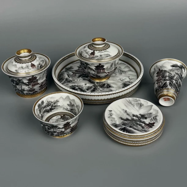 出雲珍藏 墨彩楼阁山水陶瓷茶具 景德镇高端纯手工手绘釉上彩茶器
