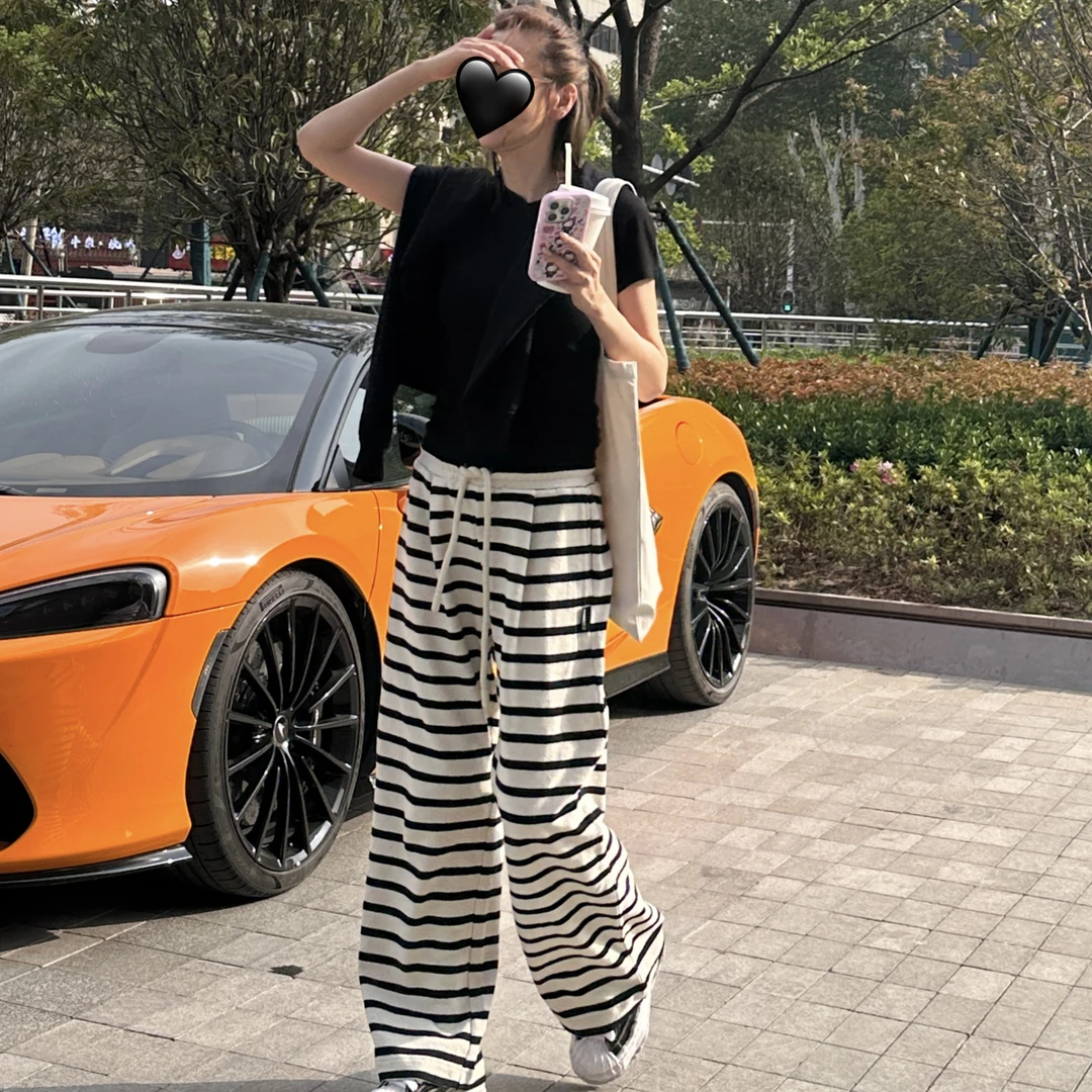 Noble.L 条纹运动裤休闲裤子时尚百搭复古宽松美式长裤抽绳