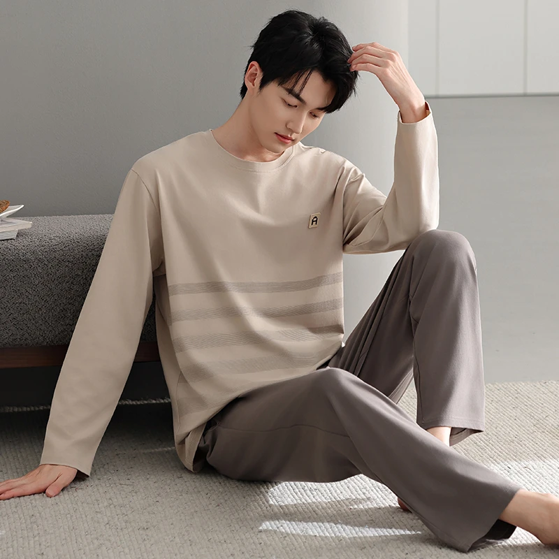 高档爽棉莱卡棉男士睡衣春秋季薄款纯棉长袖圆领睡衣男家居服套装