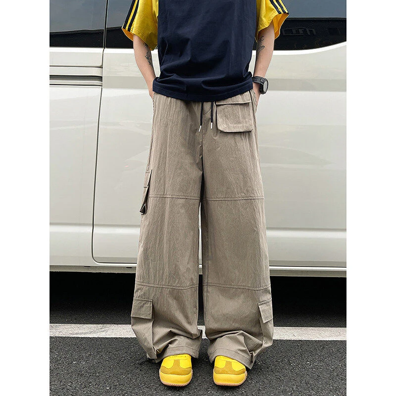 军绿色阔腿棉麻工装裤男美式户外伞兵裤子多口袋登山伐木弯刀裤潮