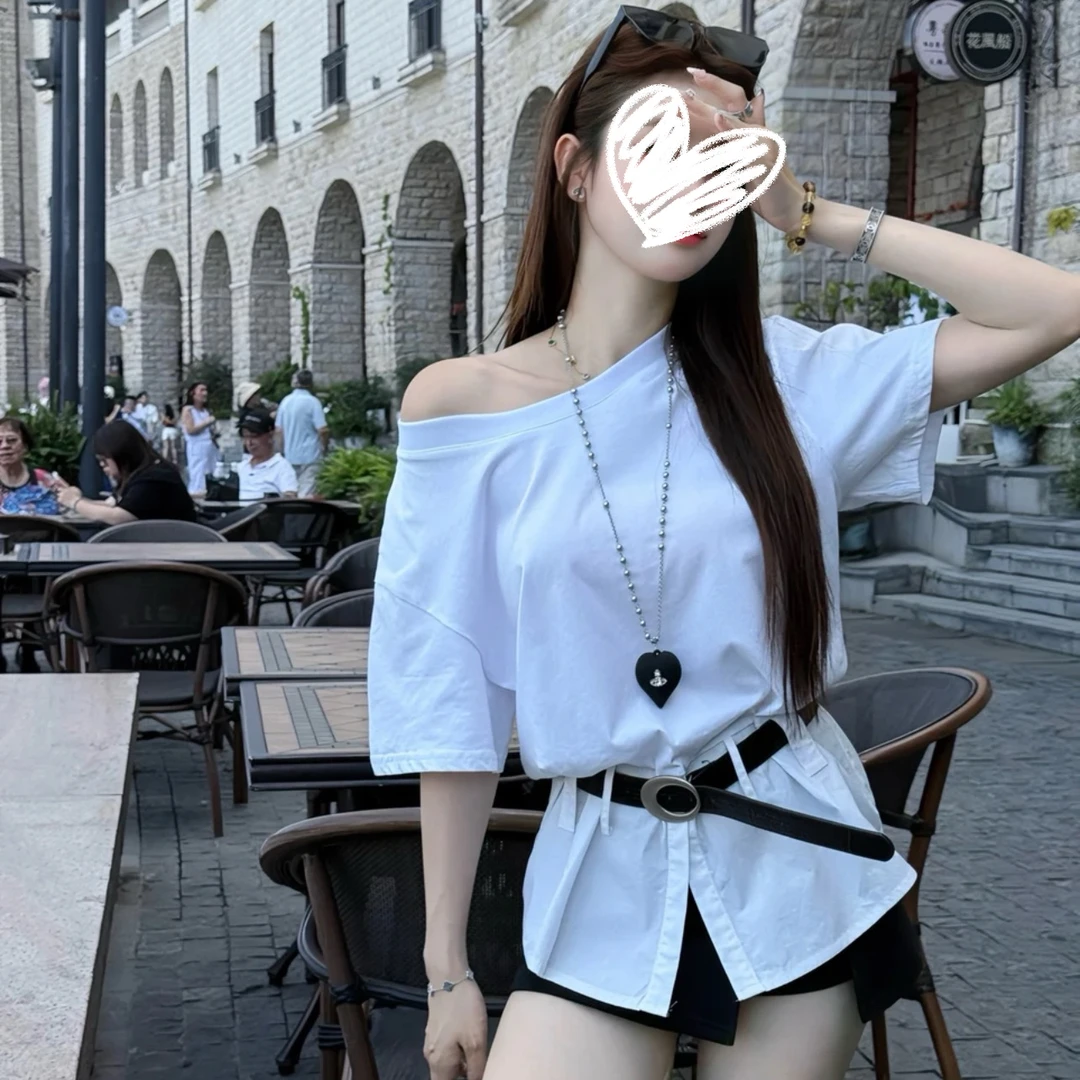 一字领斜肩不规则短袖T恤女2025夏季别致独特露肩上衣+黑色半身裙