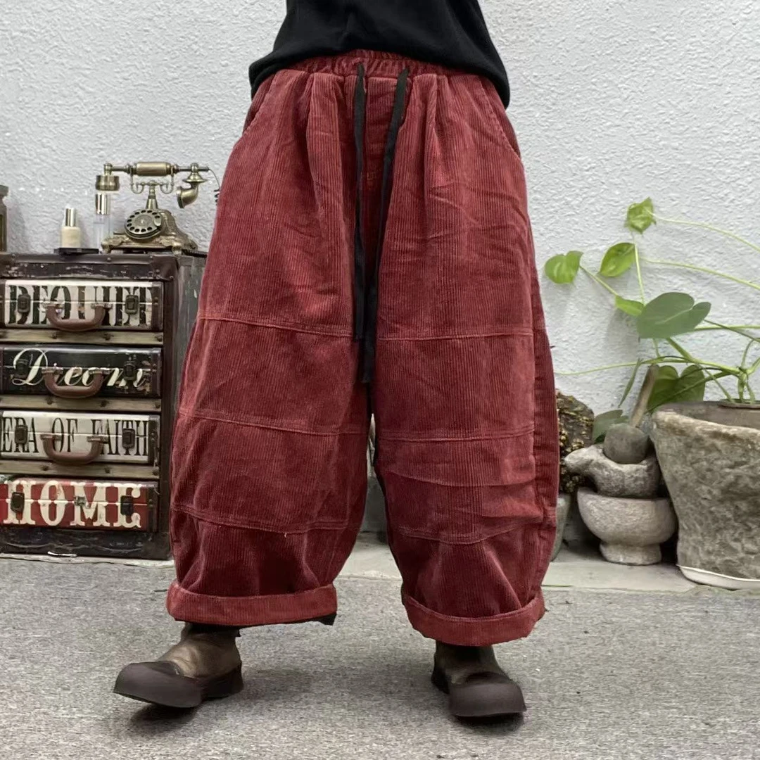 9652夹棉灯芯绒压三条明线裤腰抽绳棉裤休闲裤（长88臀围124脚口64