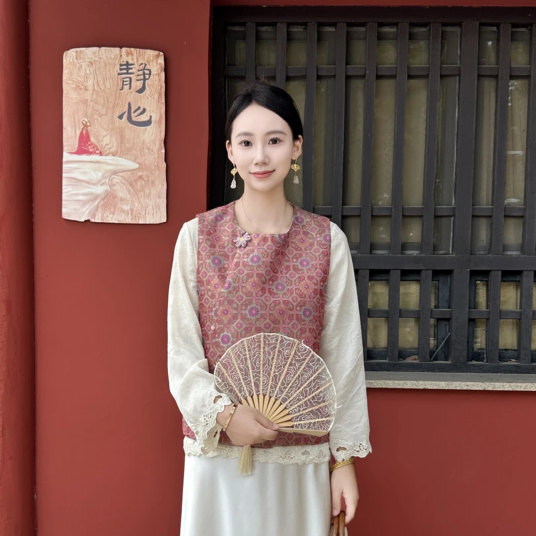 【玉阶】新中式复古中国风日常民族风文艺宽松圆领提花斜襟马夹