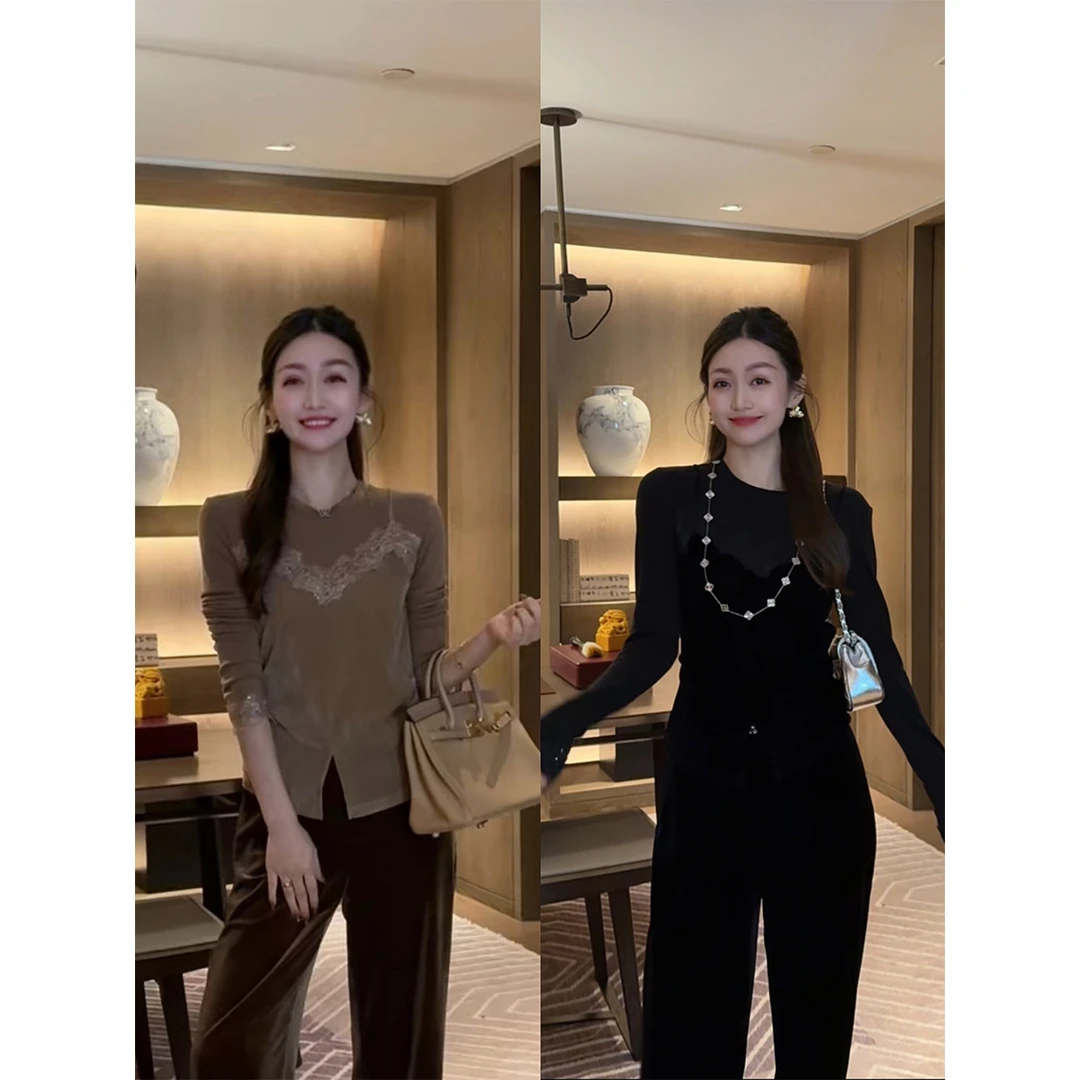 W·HAHA【现货】【琥珀松林】圆领拼接蕾丝丝绒假两件上衣80835