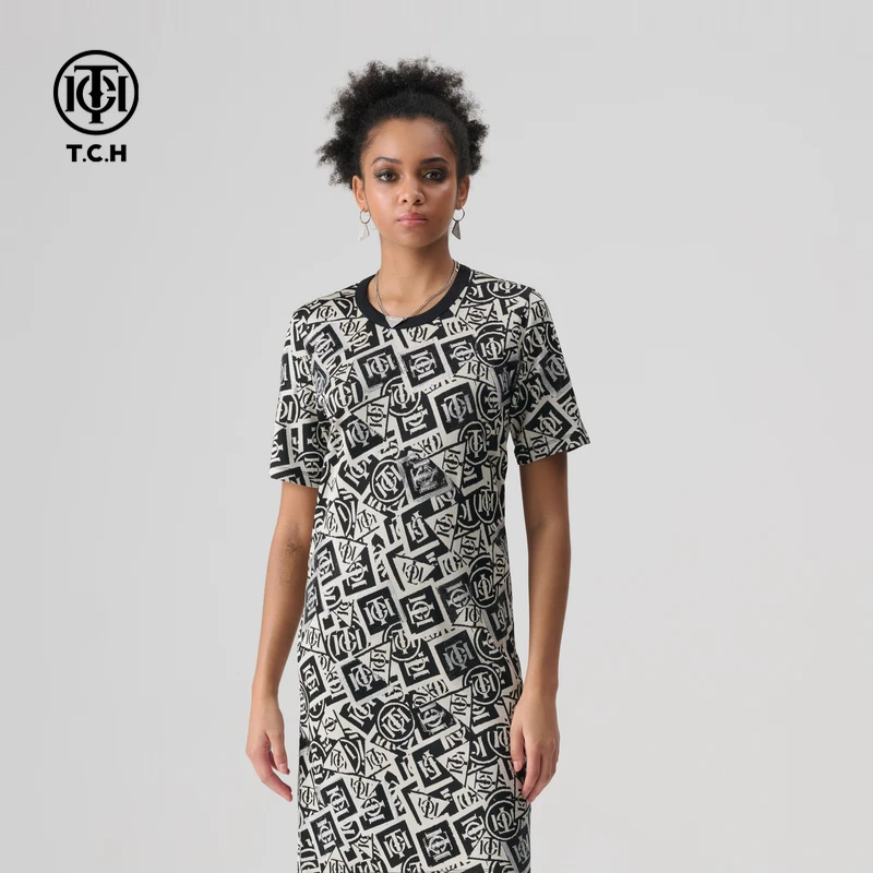 TCH/轻奢2025夏季新款烫钻休闲直筒圆领连衣裙女T72B306036