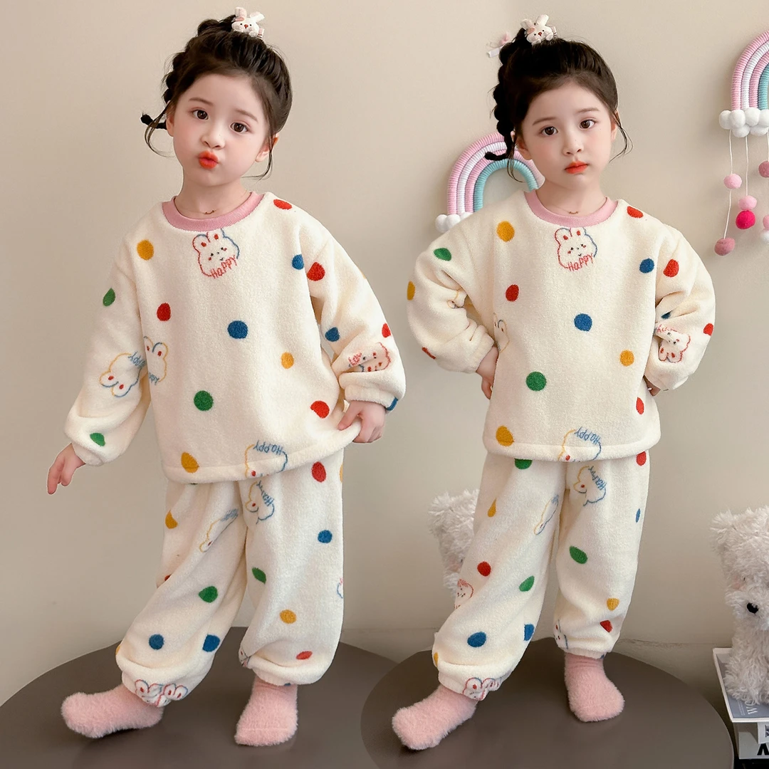 儿童睡衣女童秋冬款雪粒绒女宝宝卡通可爱兔子家居服套装2025新款