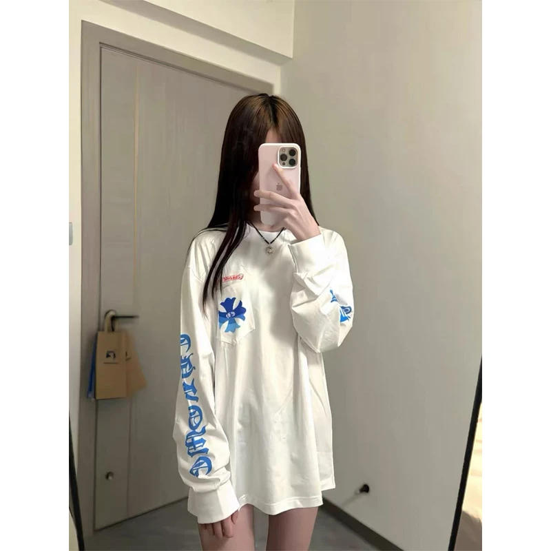 国潮牌白色十字架梵文字母印花长袖t恤男秋季新款宽松设计感上衣