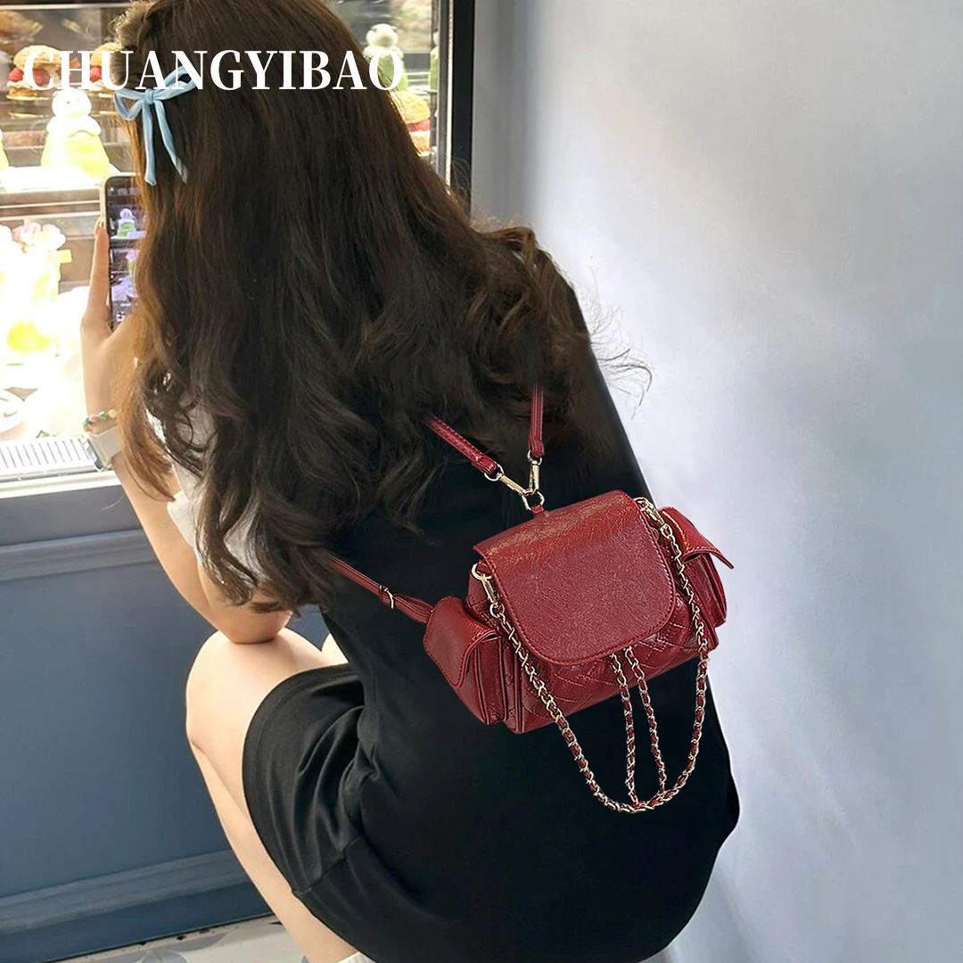 红色超火链条双肩包包女式2025新款轻奢小众高级感斜挎婚包女背包