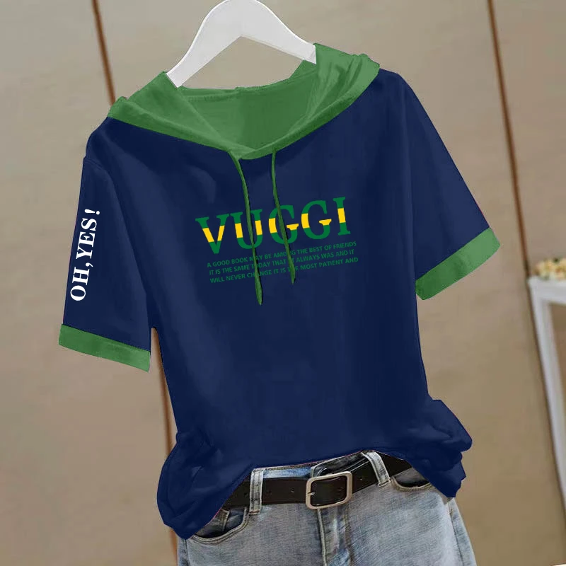 纯棉拼接撞色连帽短袖t恤女夏季新款时尚百搭中年妈妈减龄上衣服