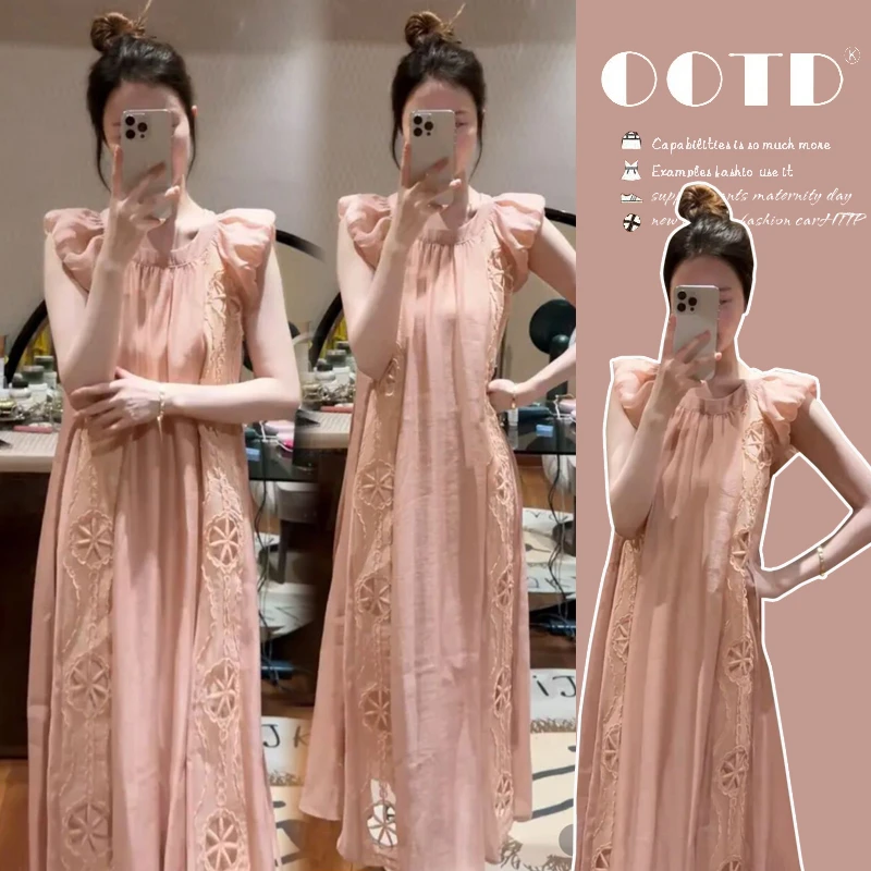 孕妇连衣裙夏季孕妈高级感穿搭潮妈藕粉色镂空小飞袖显瘦气质裙子