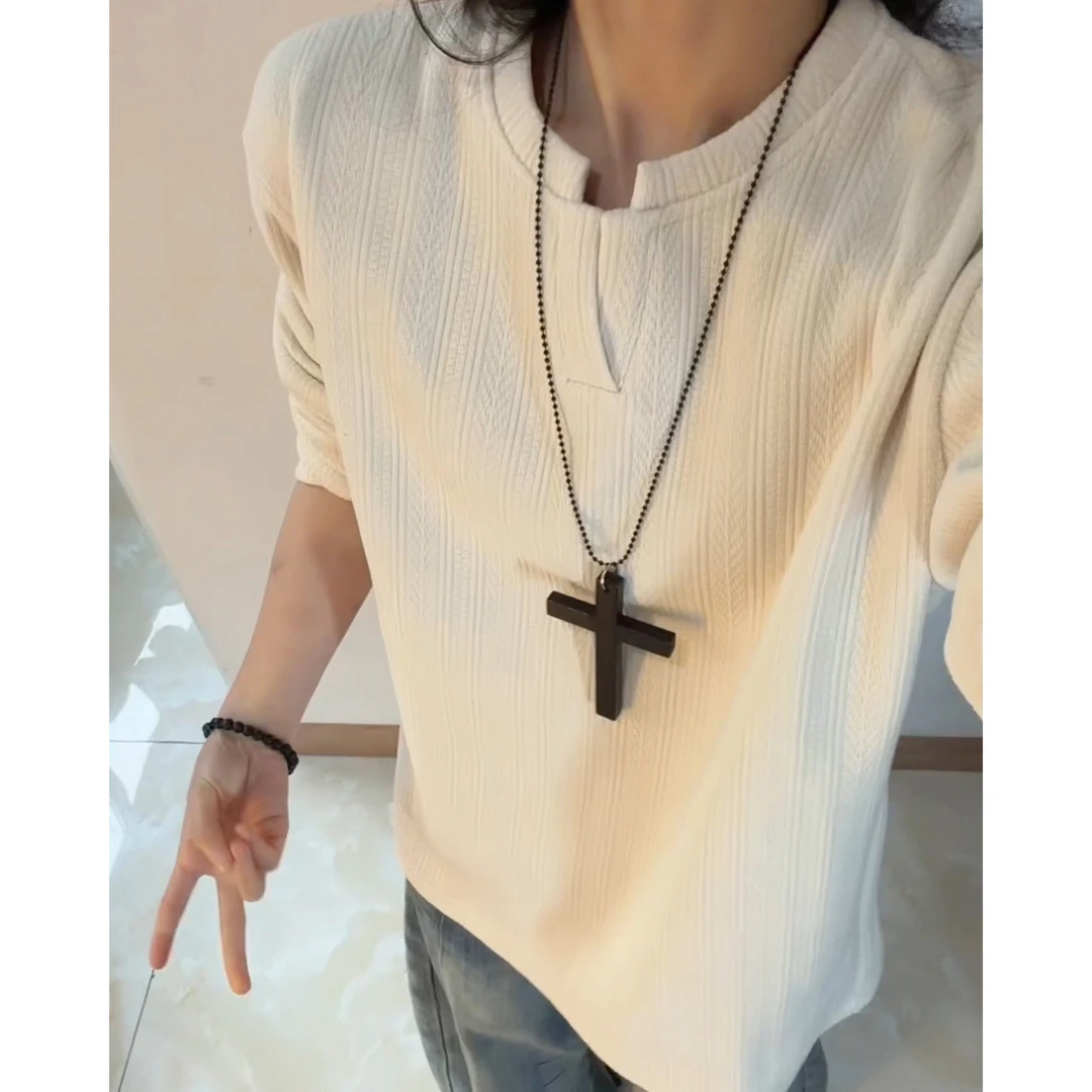 美式复古麦穗纹V领长袖T恤男加绒加厚秋冬季打底衫肌理感正肩卫衣