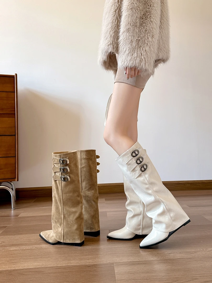 增高7cm裤管长筒靴2025秋新款皮带扣白色不过膝高筒靴复古骑士靴