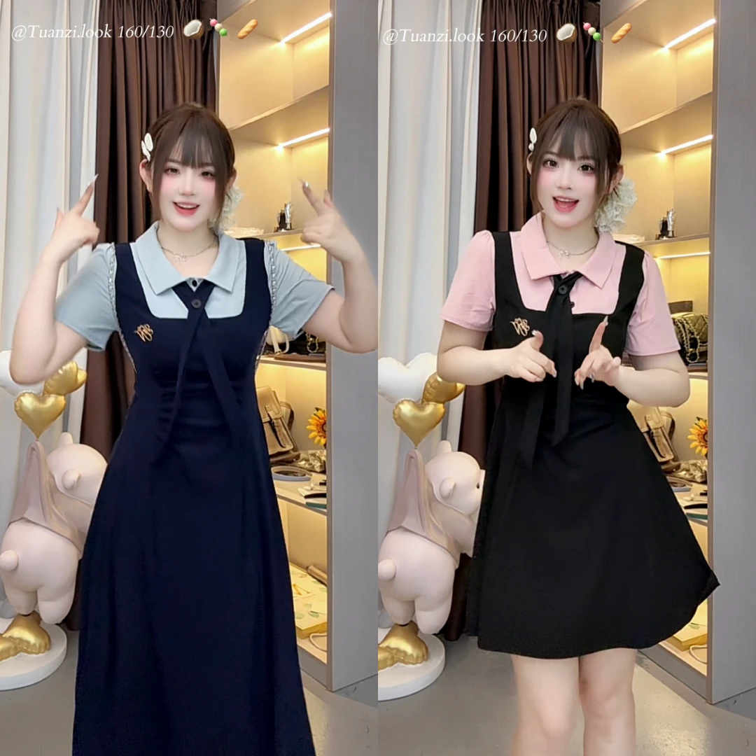 【蔚蓝学院】9259胖mm学院风文艺蝴蝶结短袖收腰裙女气质学院衬衫裙