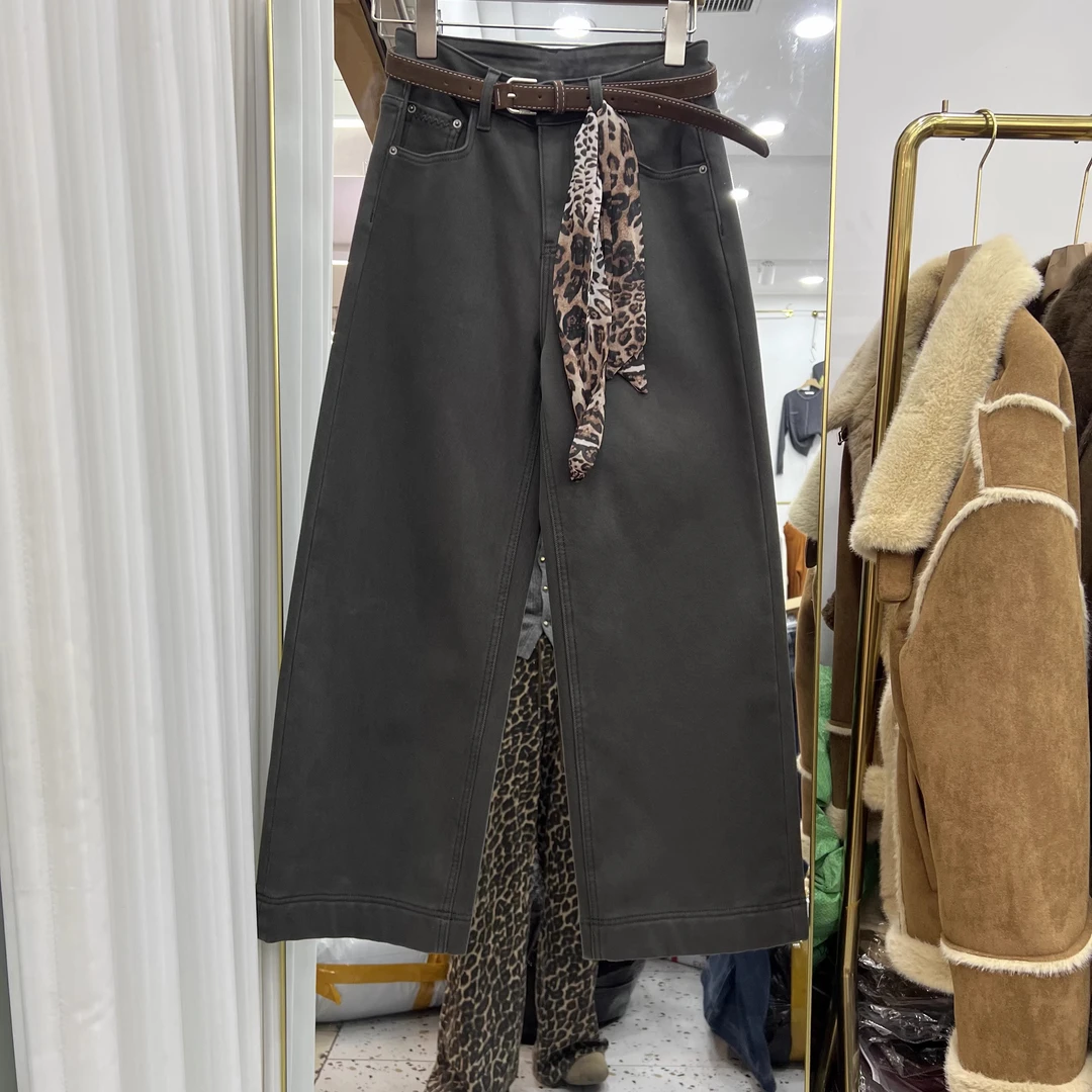 1612植绒冬季高腰弯刀阔腿牛仔裤女显瘦百搭配腰带