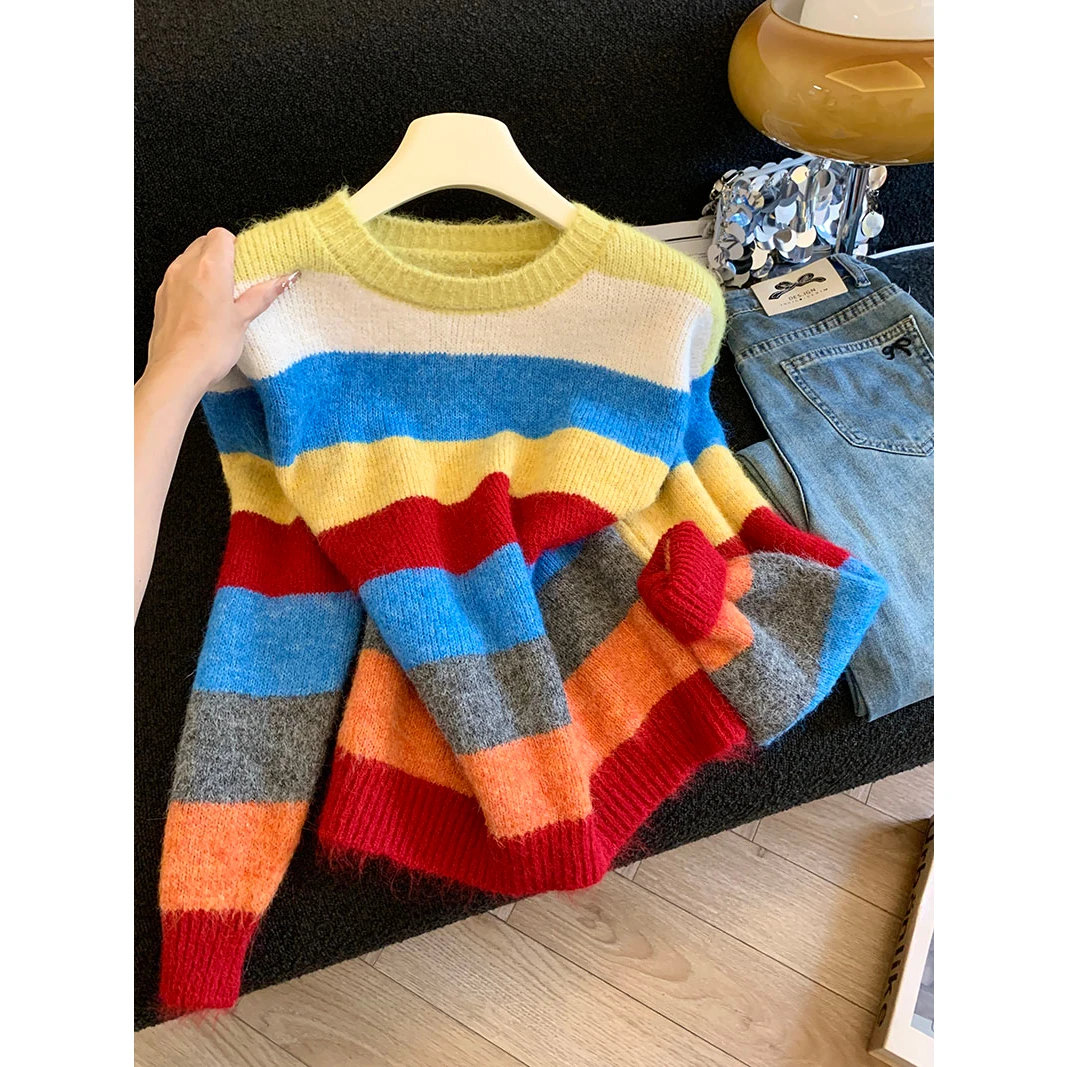 巨好看的多巴胺撞色彩虹条纹毛衣女款秋冬穿搭2025新款针织衫上衣