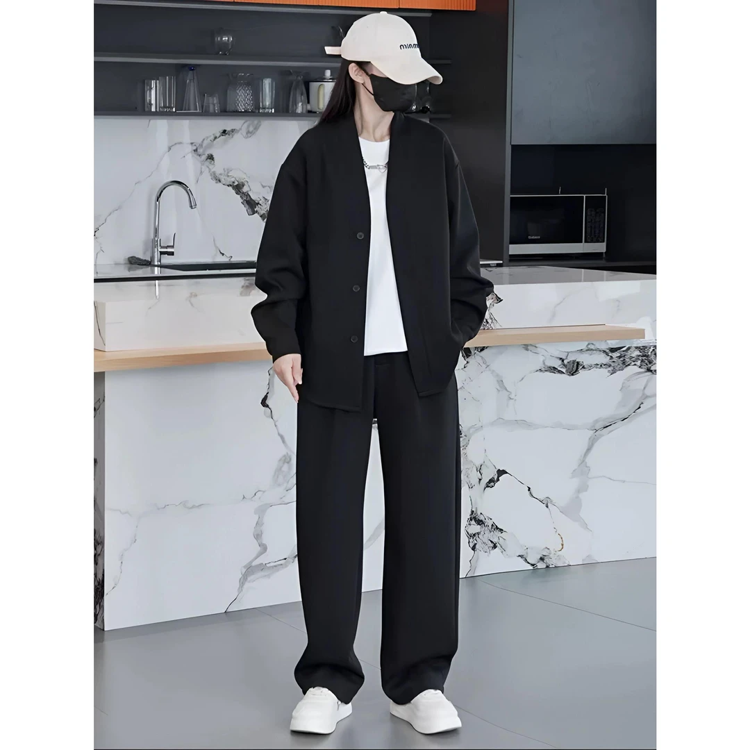 秋季新款老钱风休闲运动套装男士简约百搭纯色开衫外套长裤两件套