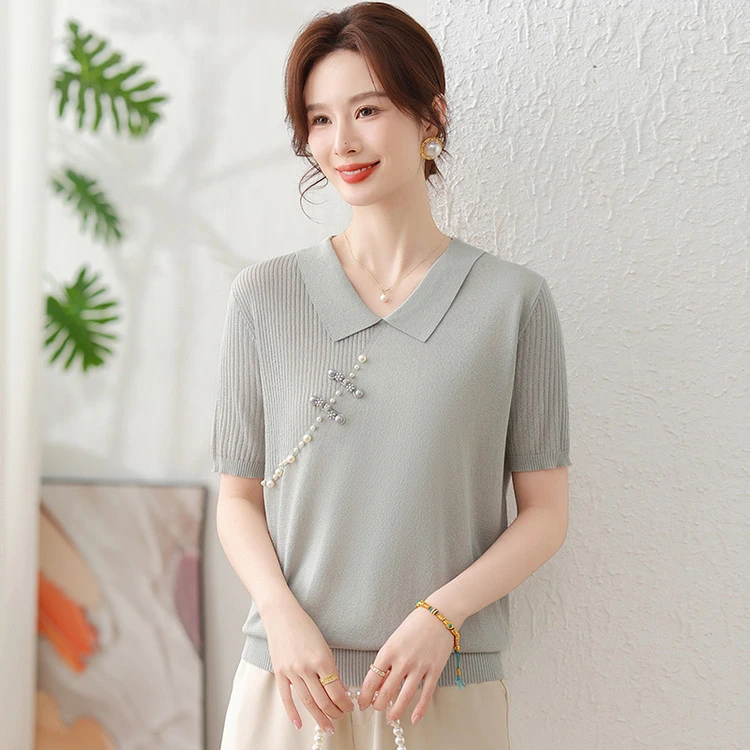 妈妈夏装短袖冰丝针织小衫洋气中年女士翻领T恤衫中老年薄款上衣