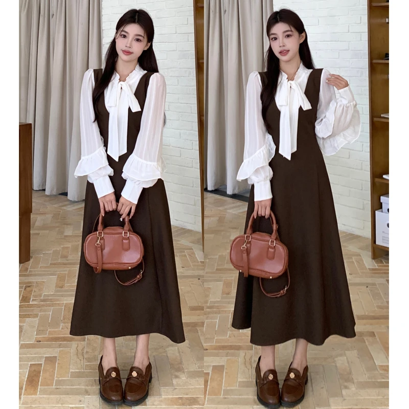 大码胖mm秋季新款时尚气质百搭复古优雅内搭+吊带裙两件套装女