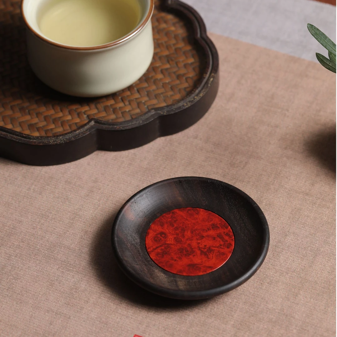 【杯垫】紫光檀镶嵌缅甸花梨木瘤