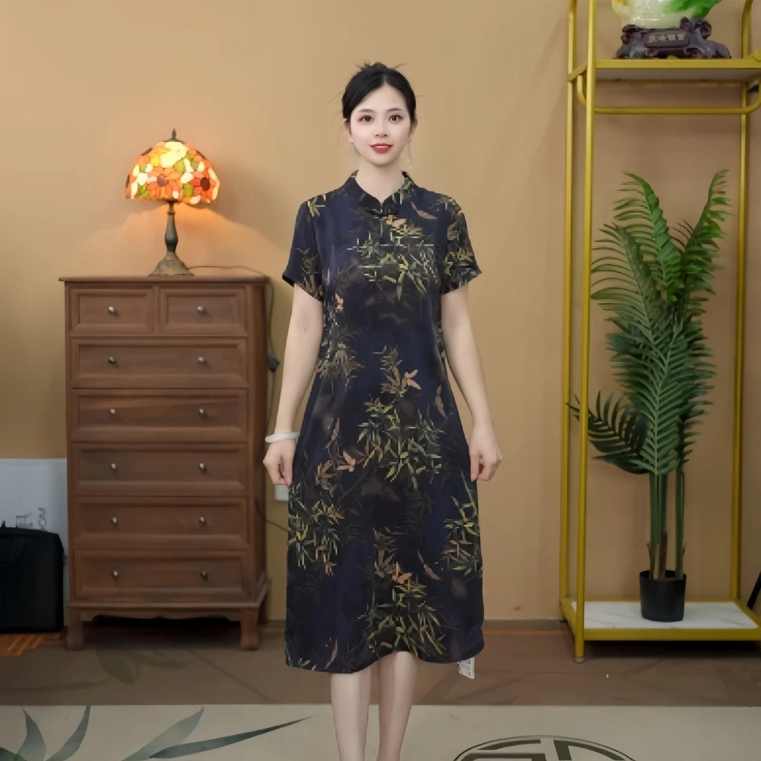 2025夏季时尚高端立领中长款优雅复古中国风富贵竹连衣裙 52280