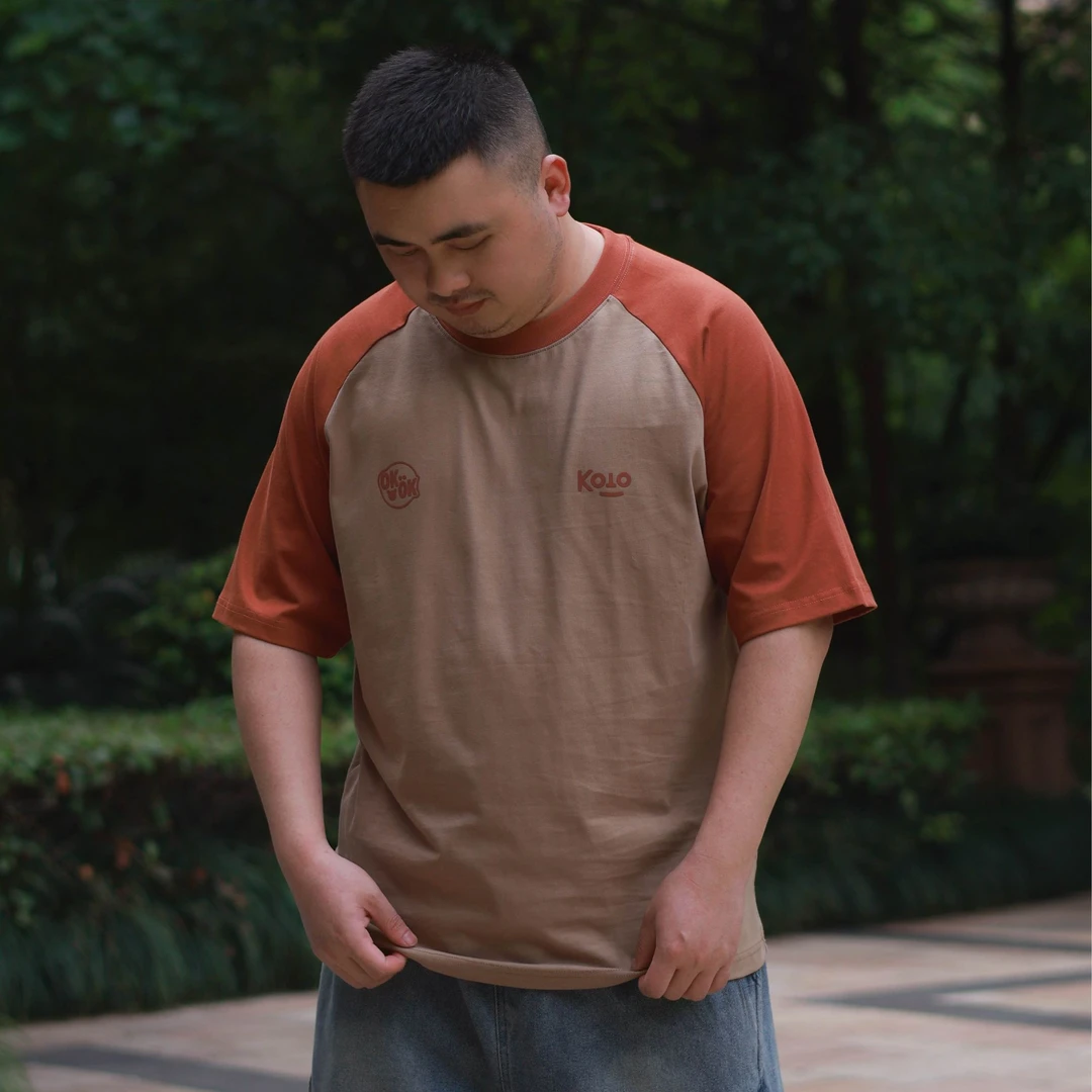 夏季短袖圆领拼接绣标落肩袖T恤情侣复古街头上衣宽松百搭