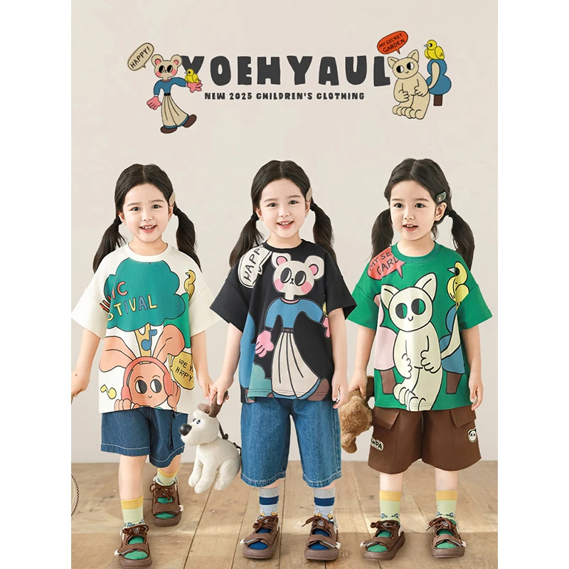 YOEHYAUL/幼悠【卡通森林】夏肆波上女童休闲薄款印花百搭T恤 N6168