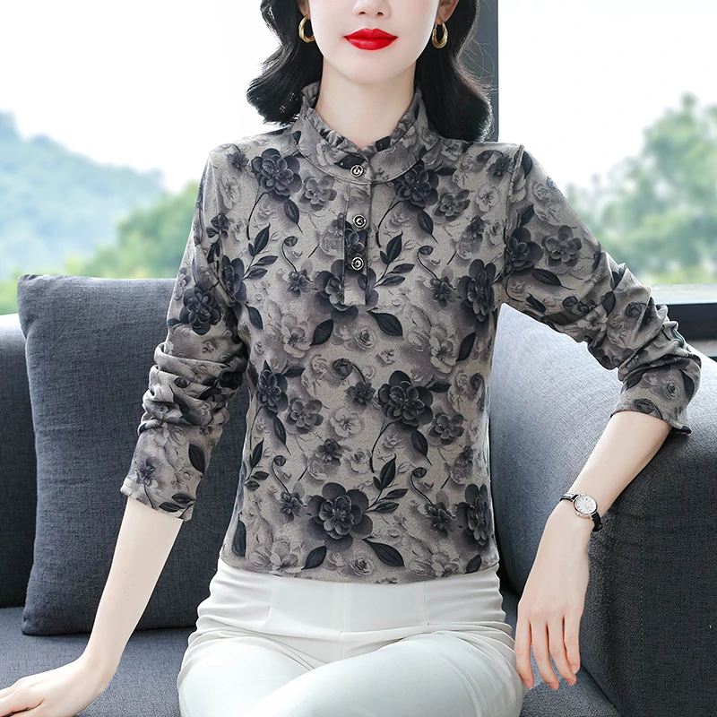 秋冬洋气妈妈碎花立领打底衫女士百搭长袖T恤中老年加绒保暖上衣