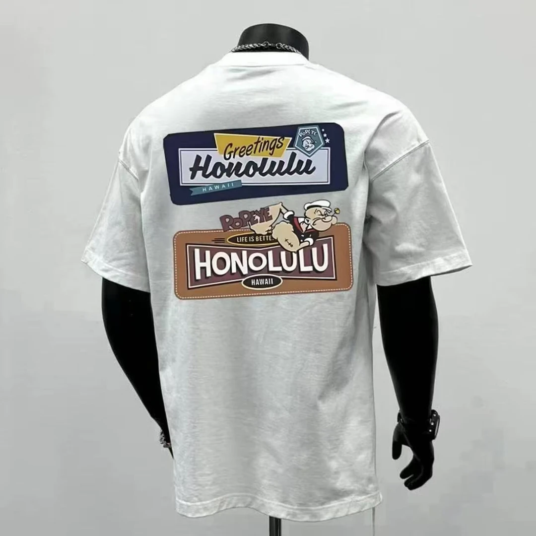 夏季短袖美式纯棉夏季男士T恤拼接个性印花休闲时尚-2