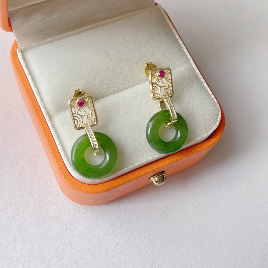 【晶雁优选】s925银镶和田玉碧玉平安扣耳钉镶嵌时尚气质百搭