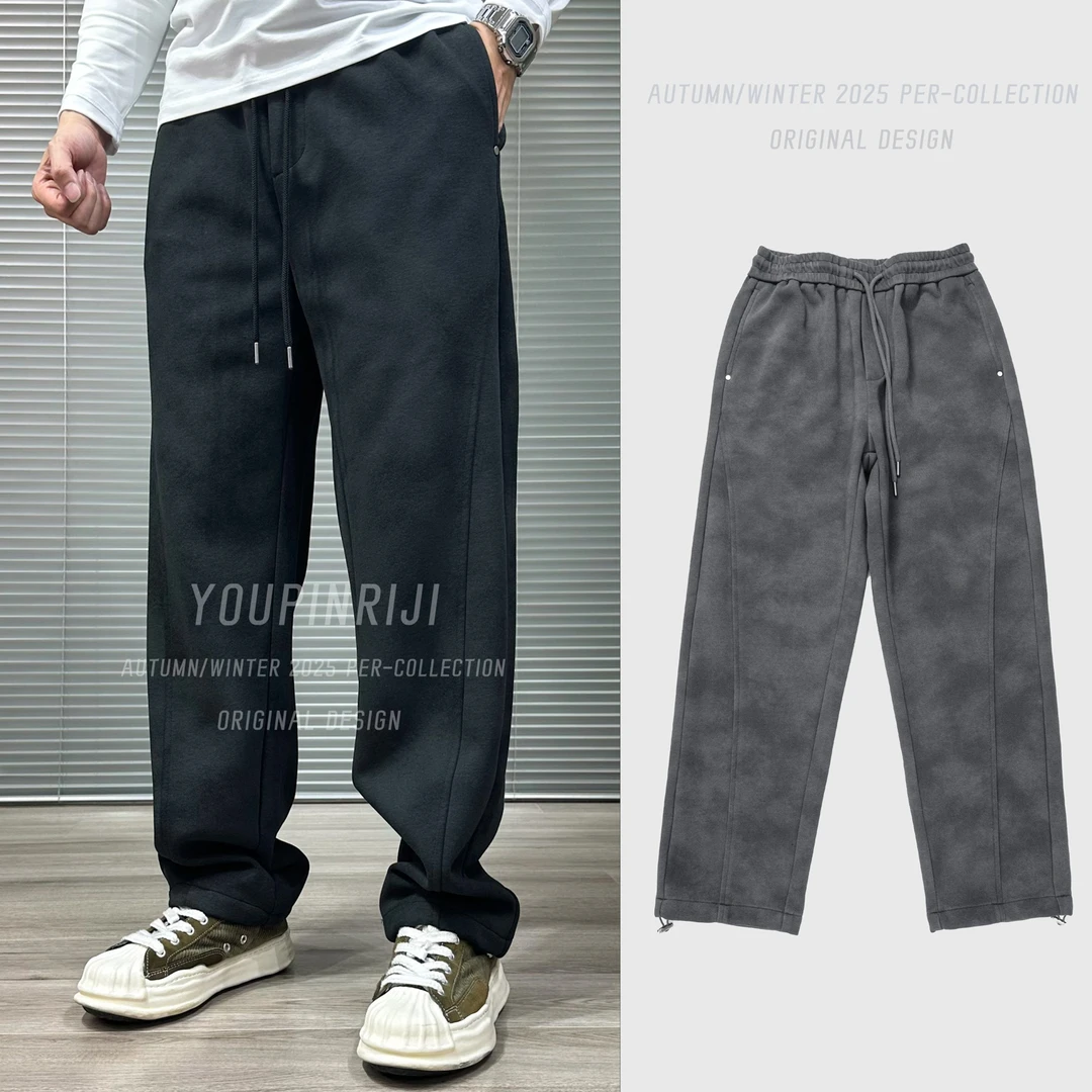 新款弹力针织棉阔腿休闲卫裤简约宽松抽绳男秋冬直筒长裤22