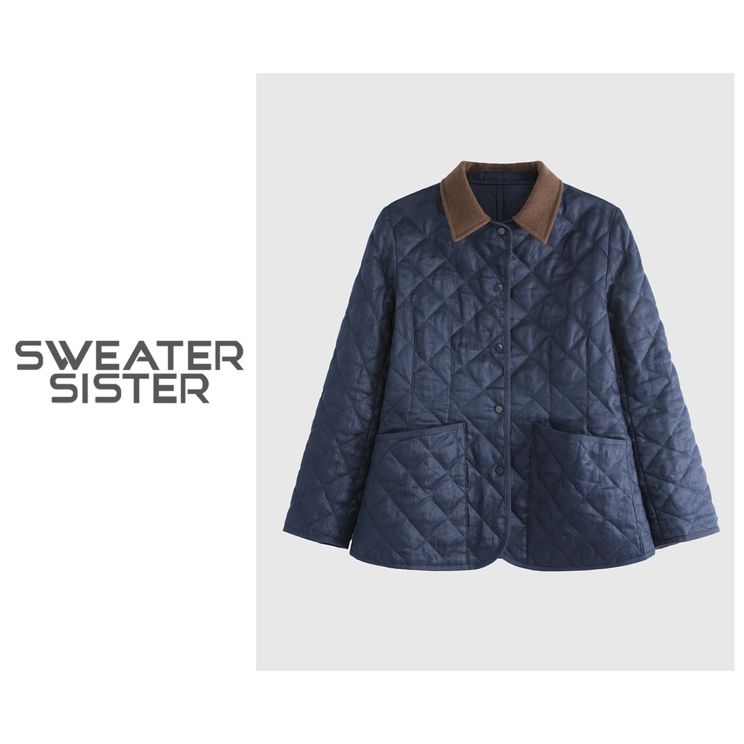 新款翻领菱格棉服宽松显瘦夹棉厚外套女515-02722