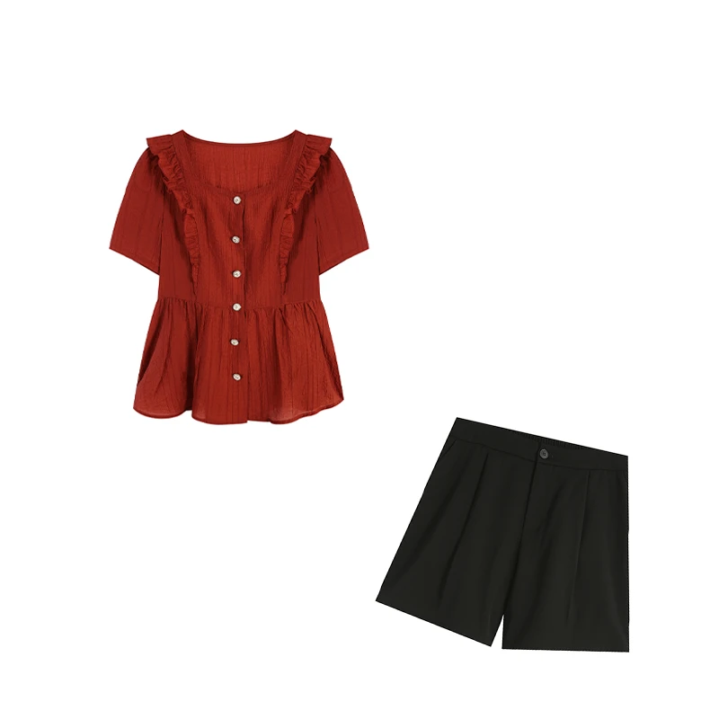 红色上衣+黑色短裙两件套ZL107091百搭套装夏季夏装短裤短袖