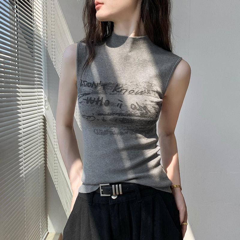时尚字母印花半高领针织无袖背心女秋衬衫内搭修身显瘦别致打底衫