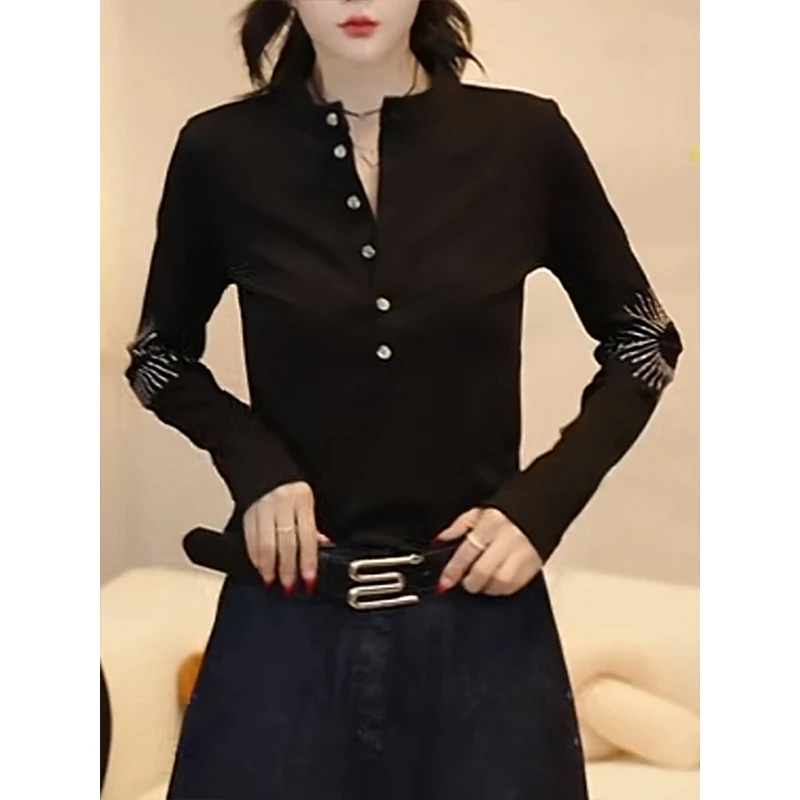 韩版超好看烫钻长袖T恤女2025早秋新款显瘦内搭单排扣打底衫上衣