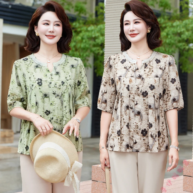 新款夏季时尚妈妈装百褶短袖小衫中老年女装休闲薄款洋气T恤上衣