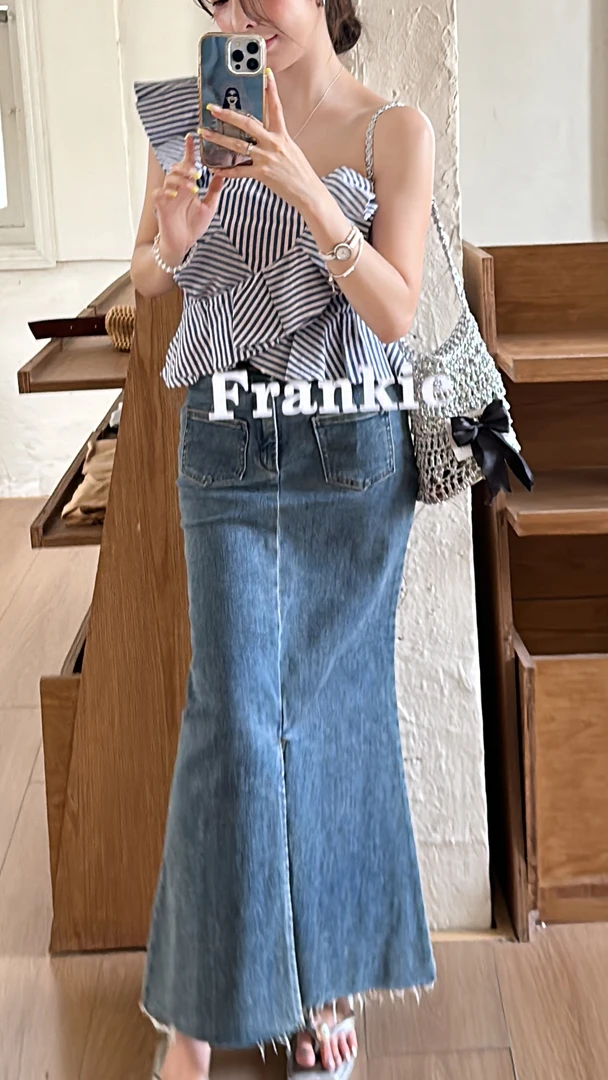 【HuiHui】韩国东大门复古高腰包臀鱼尾裙开叉牛仔半身裙（A1848)