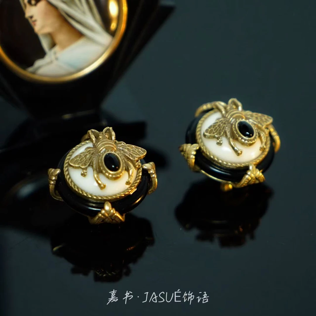 铜合金珐琅耳饰 中古天然蜜蜂耳拍0056E