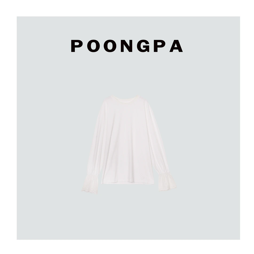 POONGPA/“法式经典”简约休闲花苞袖白T/小众设计中大码显瘦