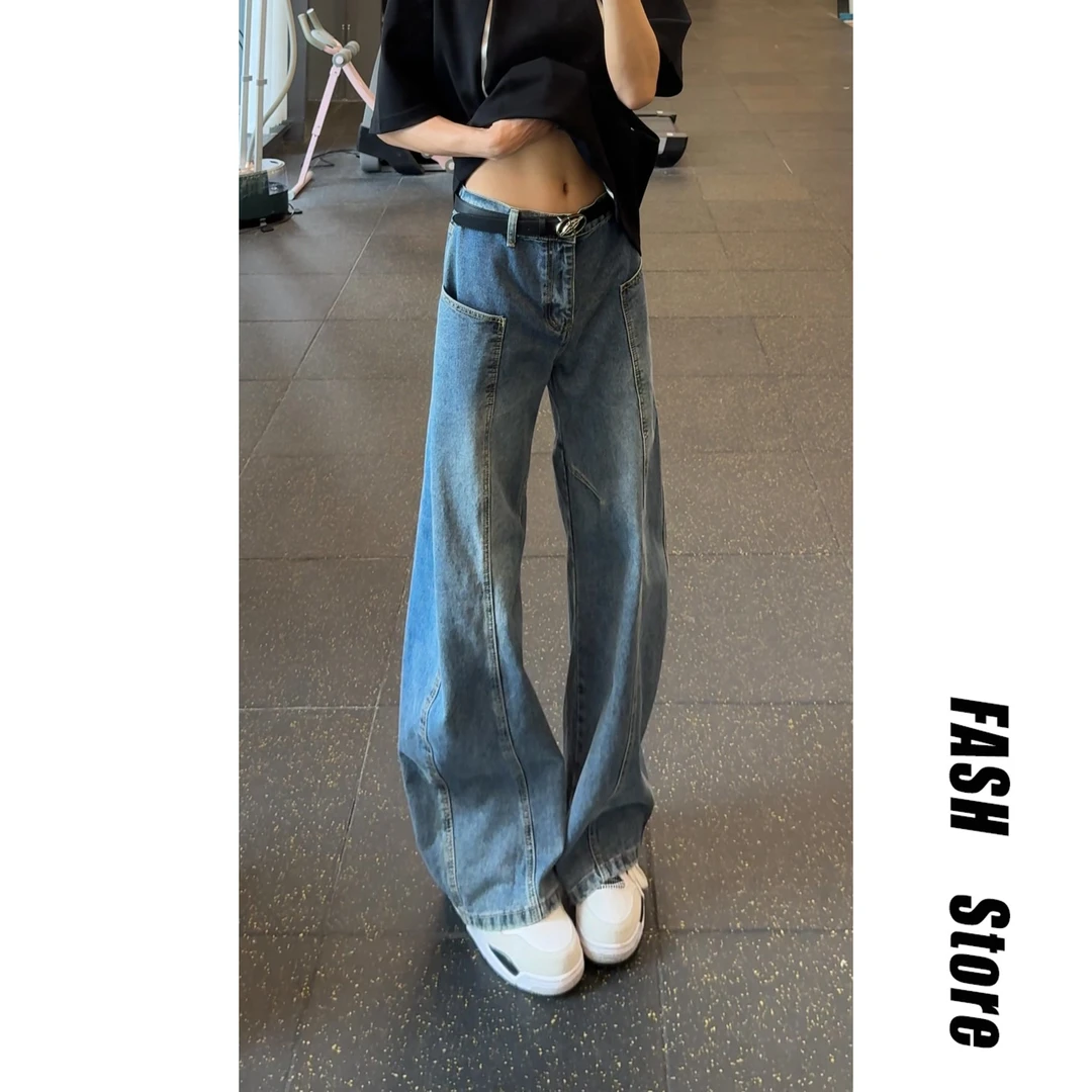 美式高街浅蓝色阔腿牛仔裤男生2025夏季新款潮牌宽松直筒垂感长裤