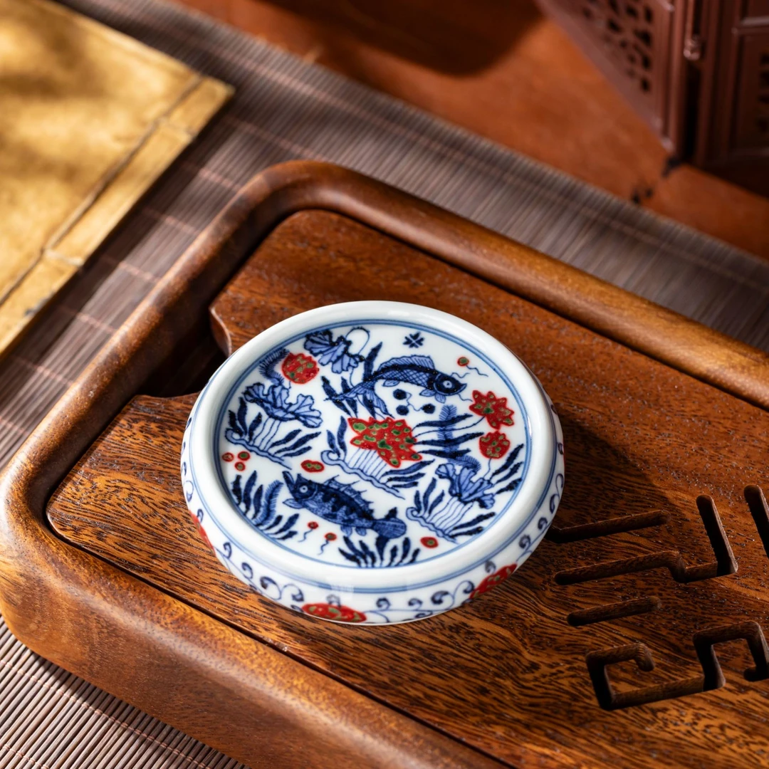 〖瑶瑶甄选〗明和堂青花釉里红鱼藻盖置手工手绘景德镇高端茶器