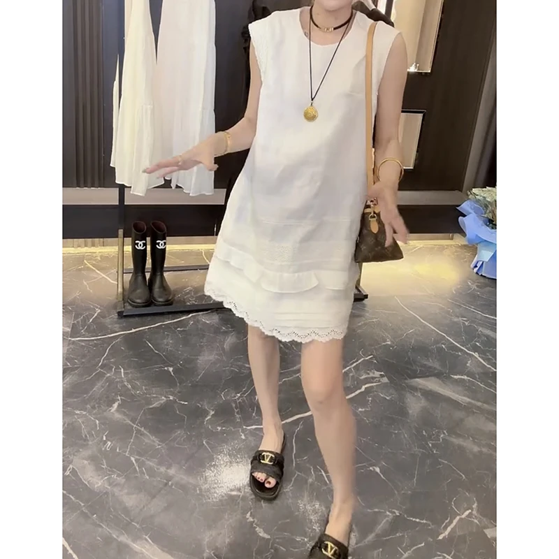 夏季薄款棉麻连衣裙女宽松显瘦中长款花边裙子气质显瘦无袖背心裙