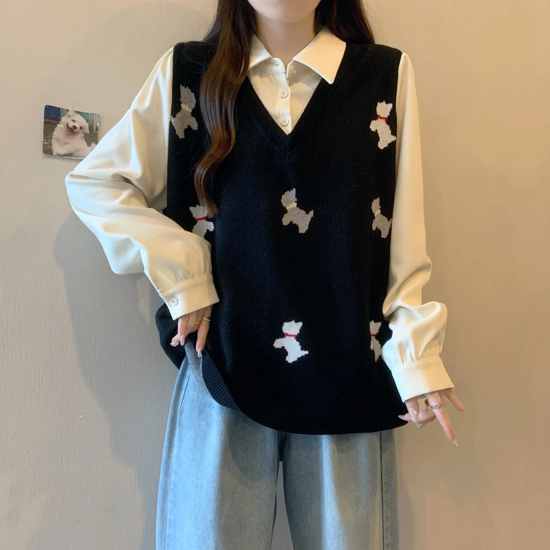 mojitos大码女装设计感针织衫拼接衬衫秋新款小狗毛衣胖mm假两件