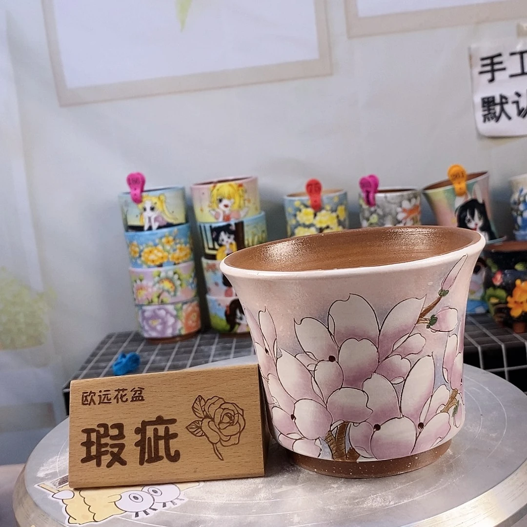 紫砂花盆红陶手绘花盆